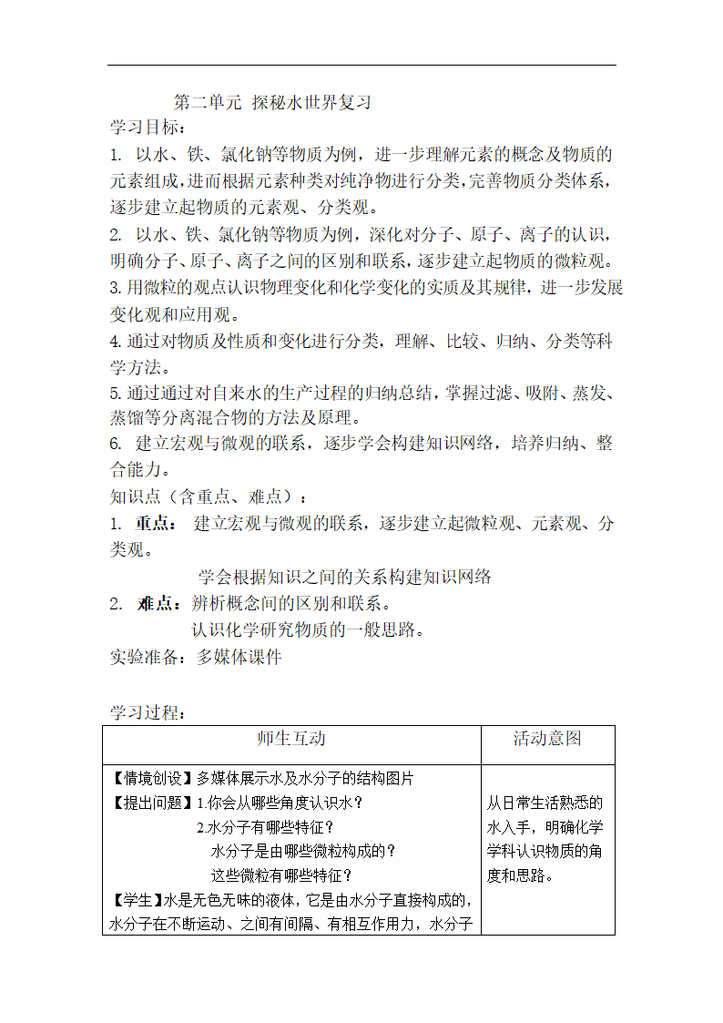 鲁教版 化学 九年级上册 第二单元探秘水世界单元复习教案.doc第1页