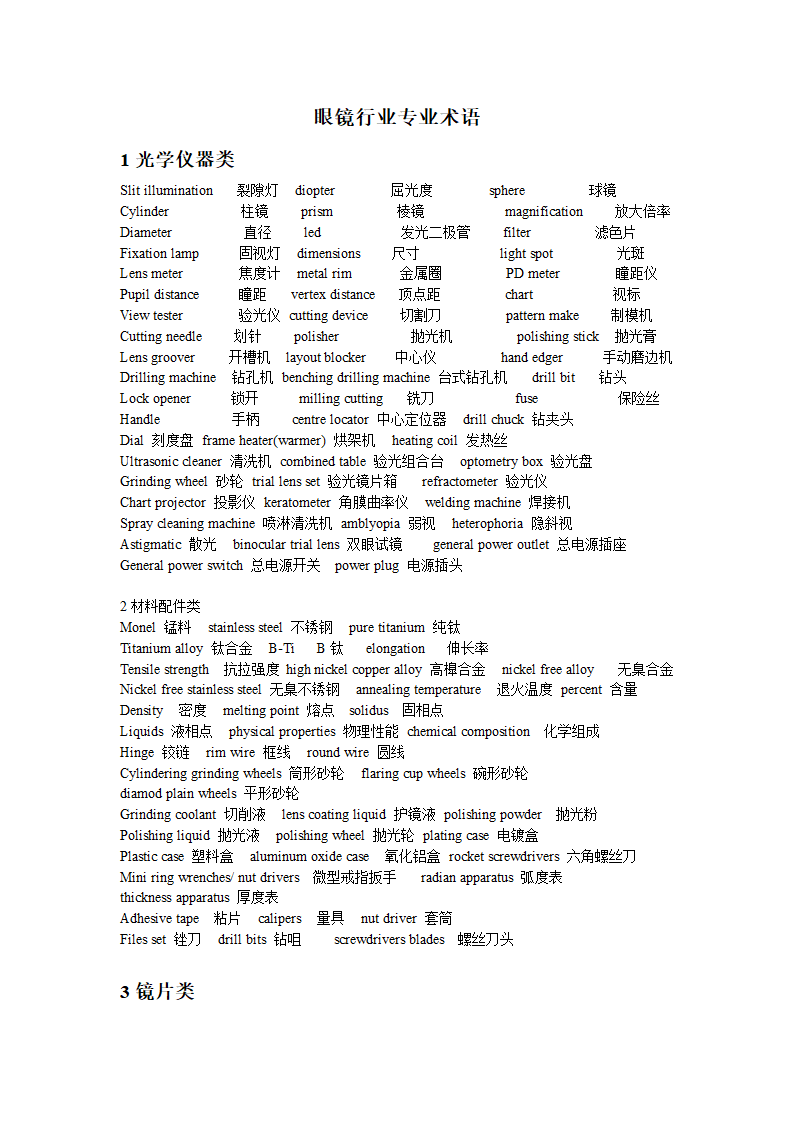 眼镜行业英语专业术语.doc