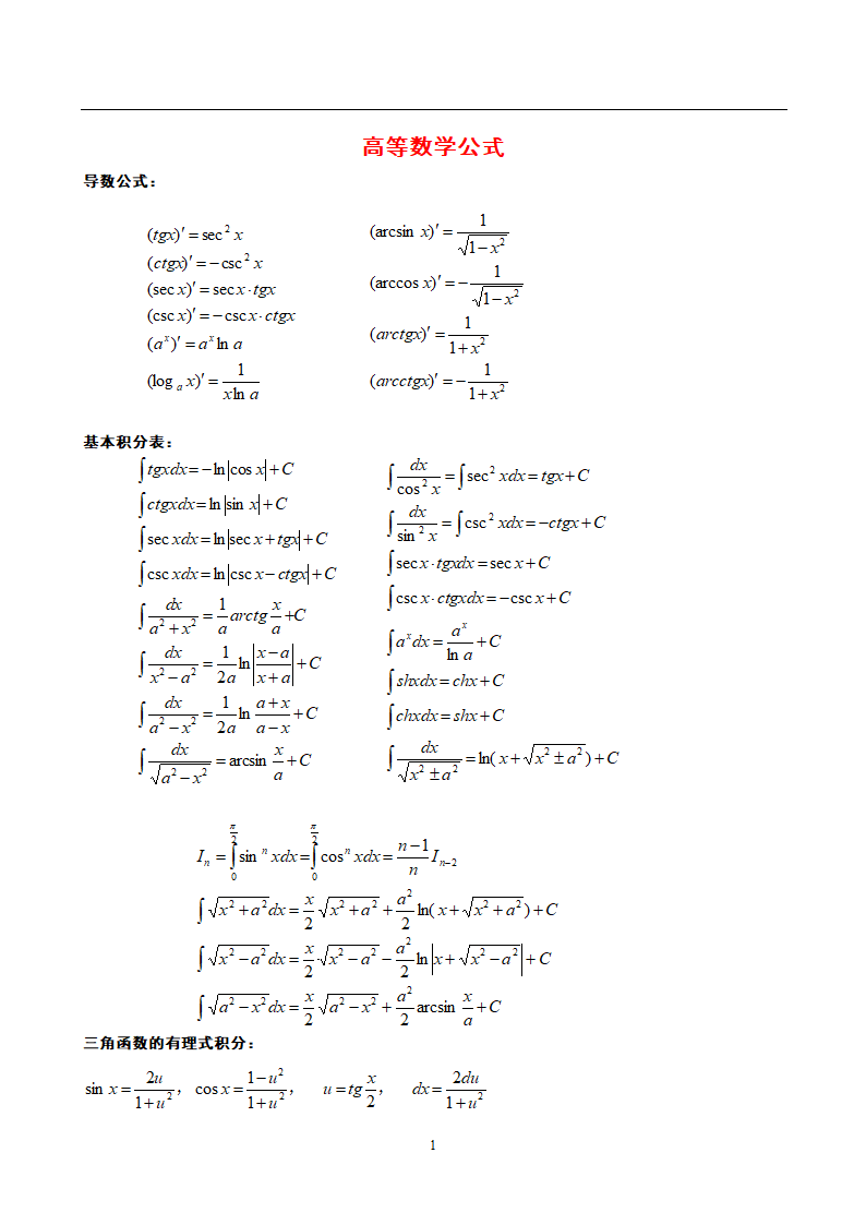 成人高考专升本高等数学公式大全