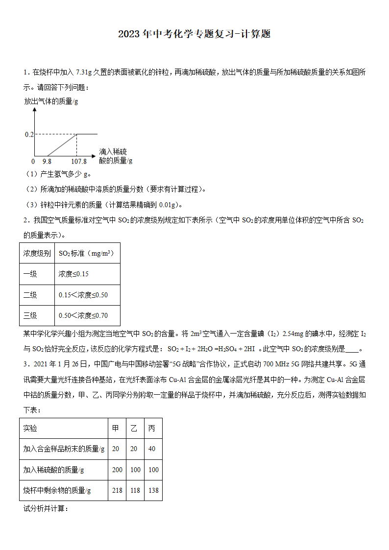 2023年中考化学专题复习计算题（含答案）.doc