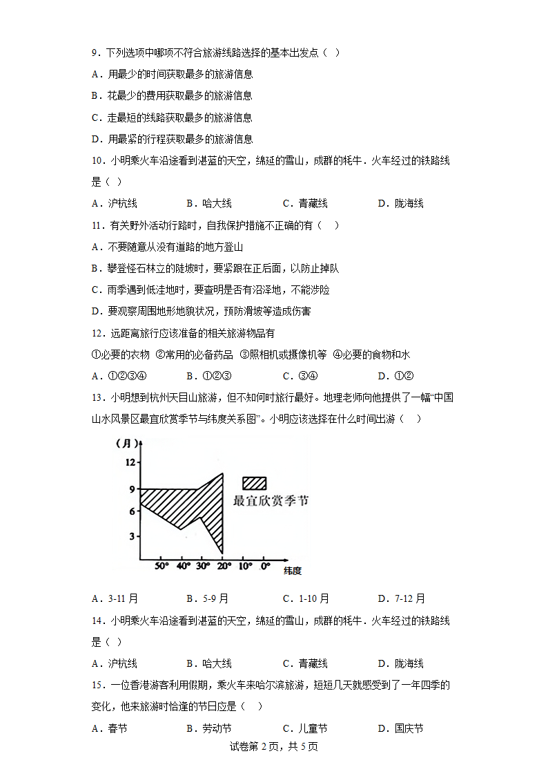 5.3　学习与探究-设计一个旅游方案 同步练习 2021-2022学年七年级地理下学期中图版（Word含答案）.doc第2页