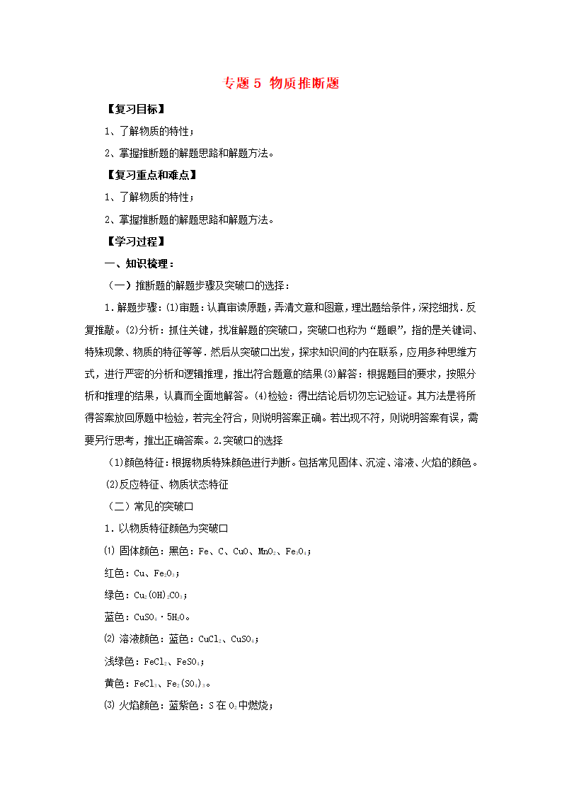 2017届中考化学复习专题突破学案：专题5 物质推断题.doc第1页