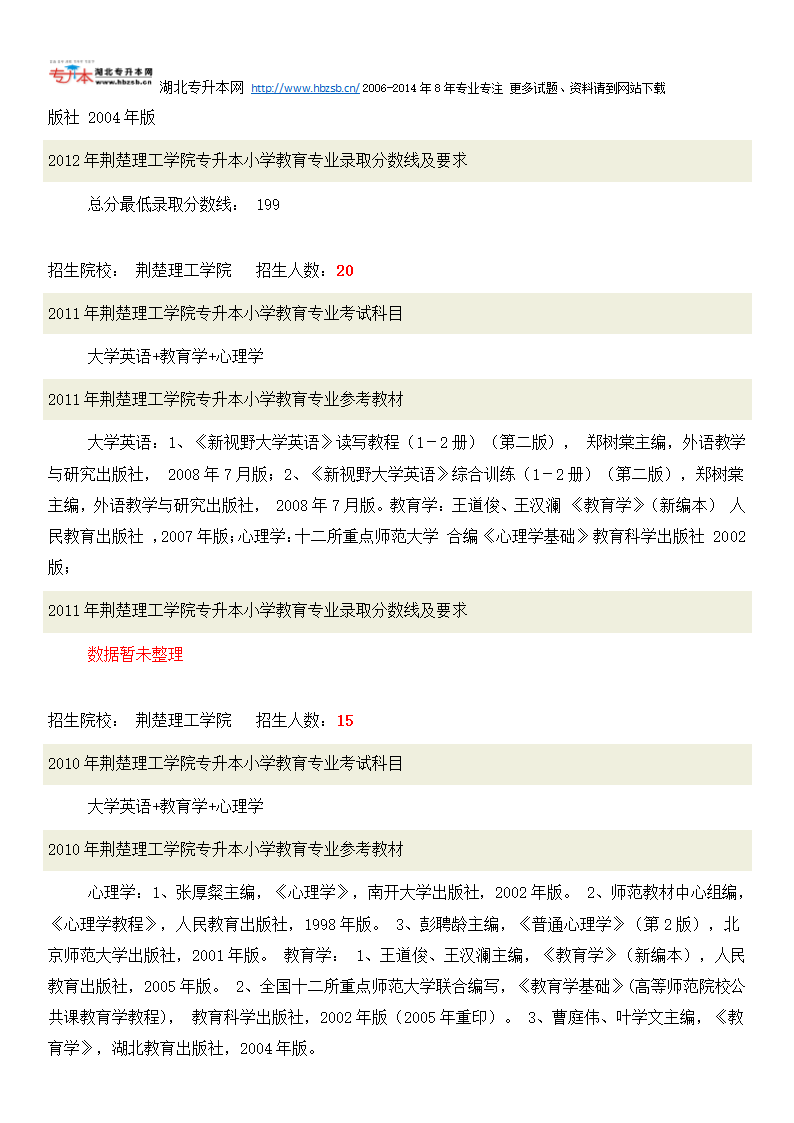 荆楚理工学院普通专升本考试小学教育专业招生人数、考试科目、复习教材和试题及录取分数线第2页