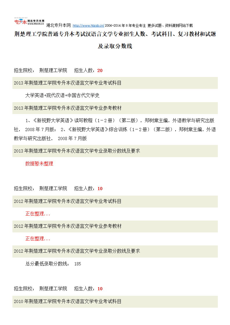 荆楚理工学院普通专升本考试汉语言文学专业招生人数、考试科目、复习教材和试题及录取分数线第1页