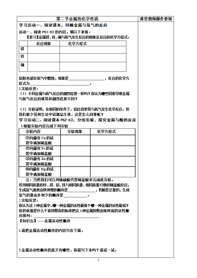 鲁教版九年级下册 9.2 金属的化学性质学历案.doc第2页