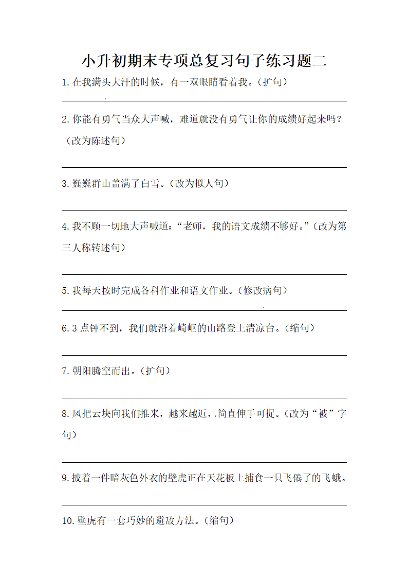 部编版小升初语文期末专项总复习句子练习题二（含答案）.doc第1页