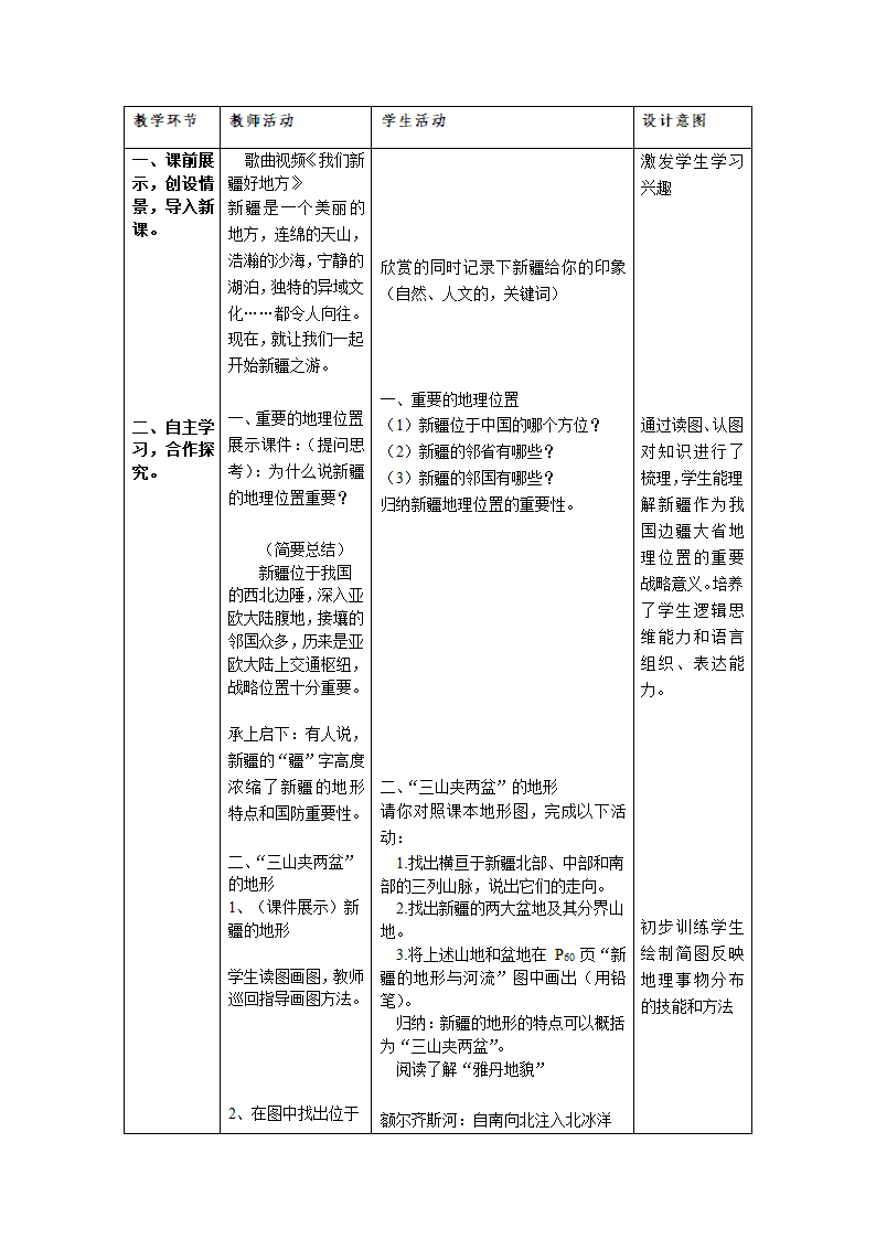 晋教版八下地理 7.2新疆——祖国面积最大的省级行政单位 教案（表格式）.doc第2页