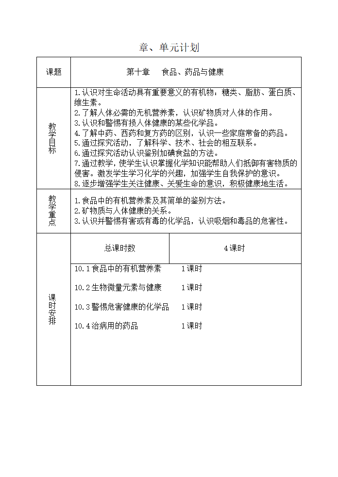 粤教版九年级化学第十章 食品、药品与健康教案.doc第1页