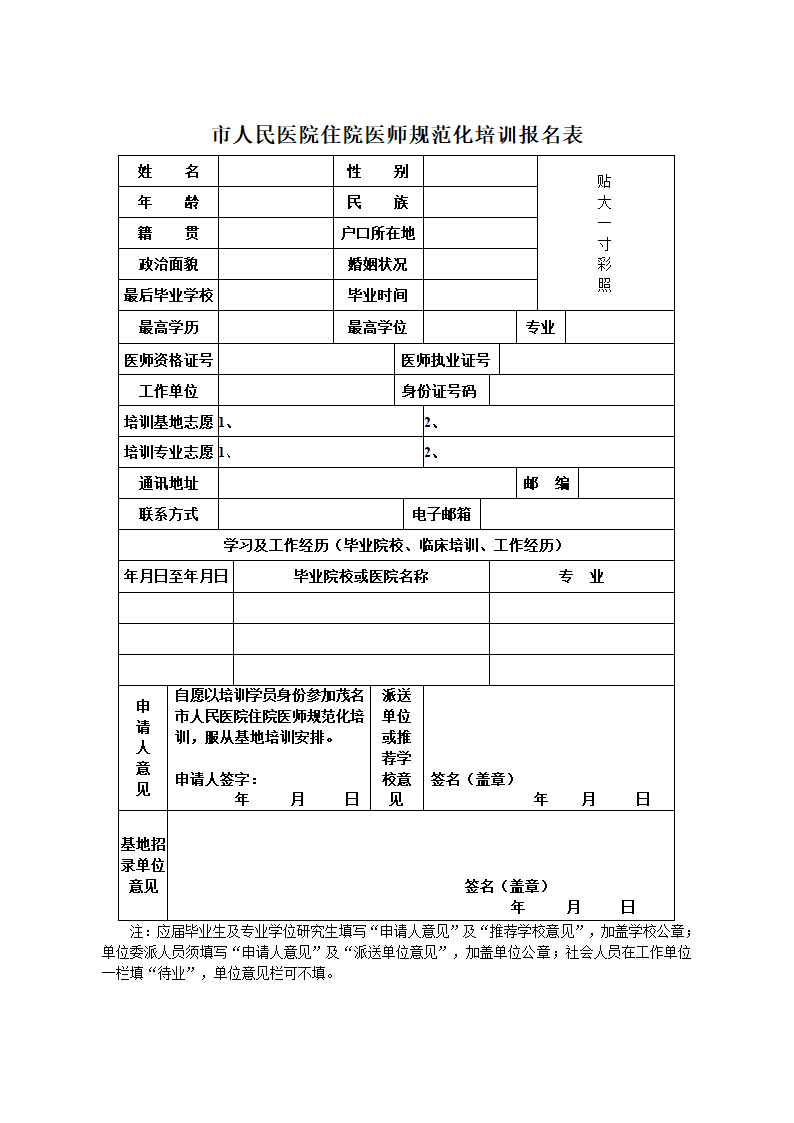 医院住院医师规范培训报名表.doc