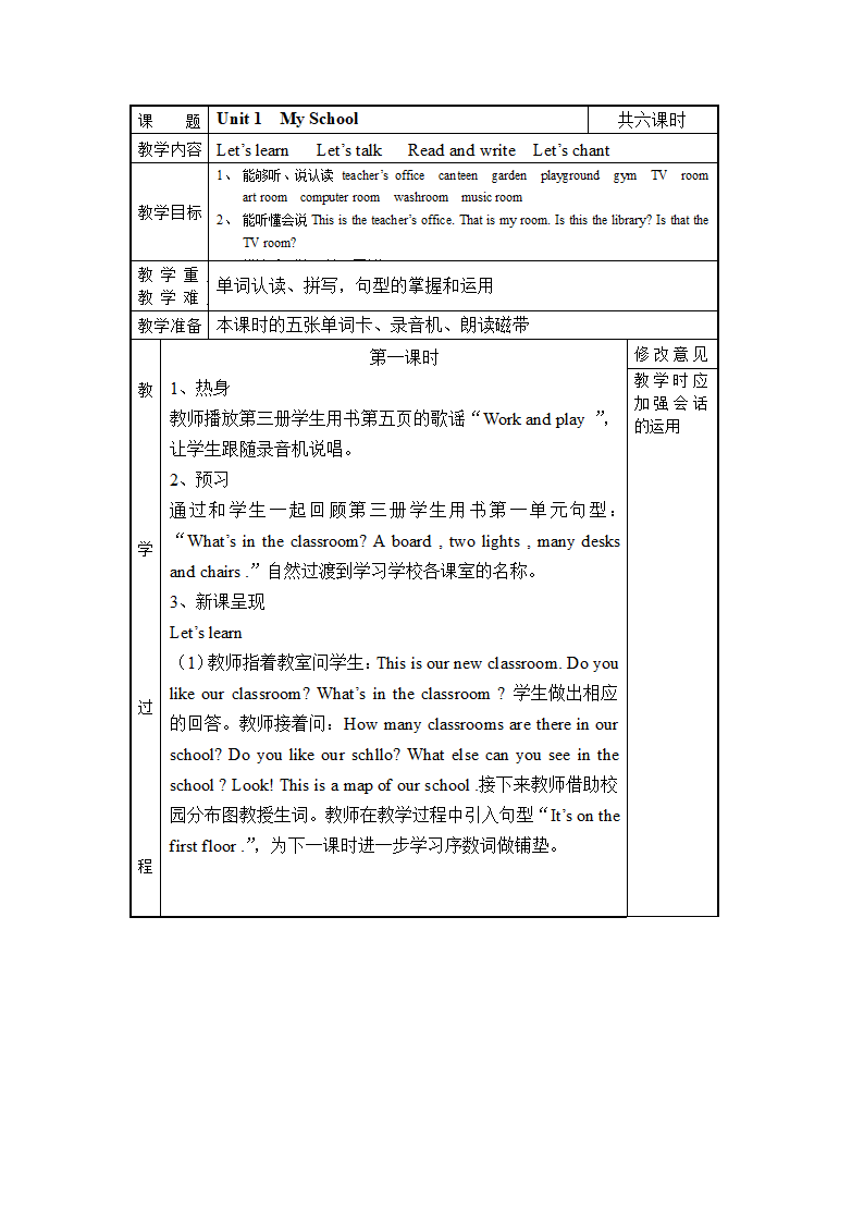 小学英语人教版(PEP)四年级下册Unit 1 my School教案.doc第1页