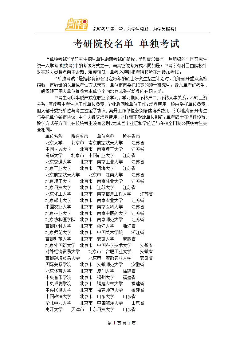 考研院校名单 单独考试第1页