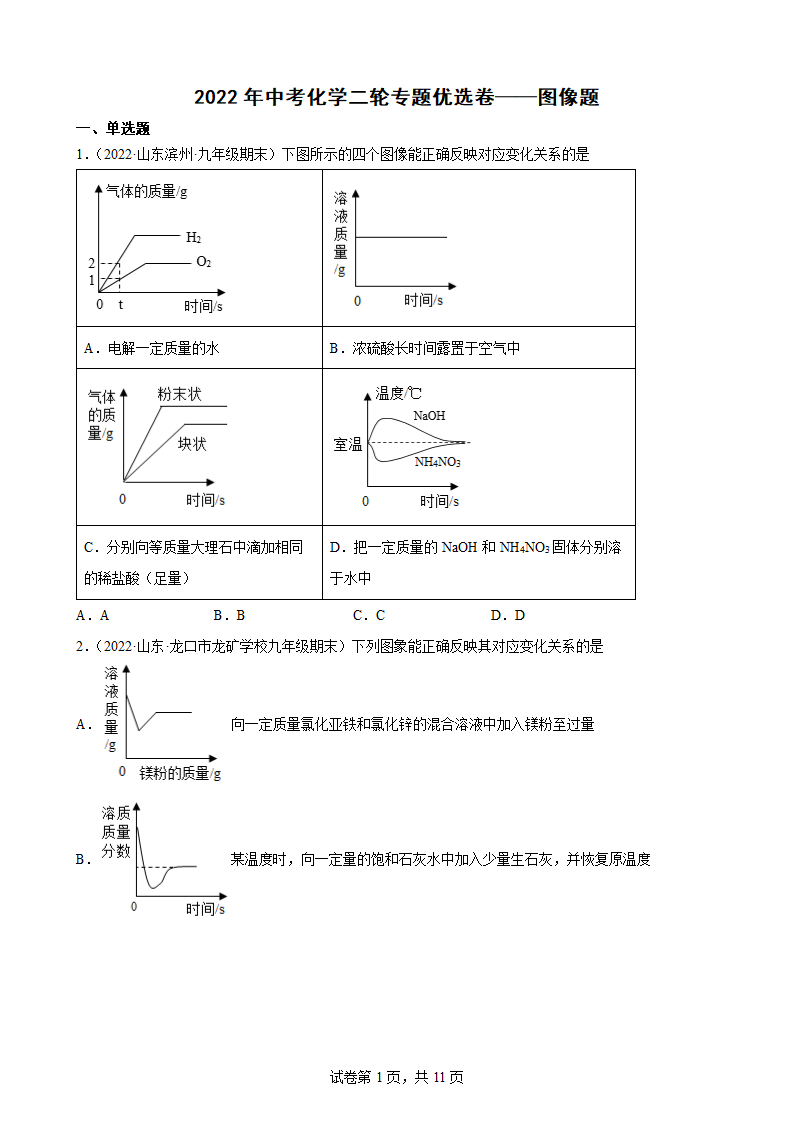 2022年中考化学二轮专题图像题（word版 含解析）.doc