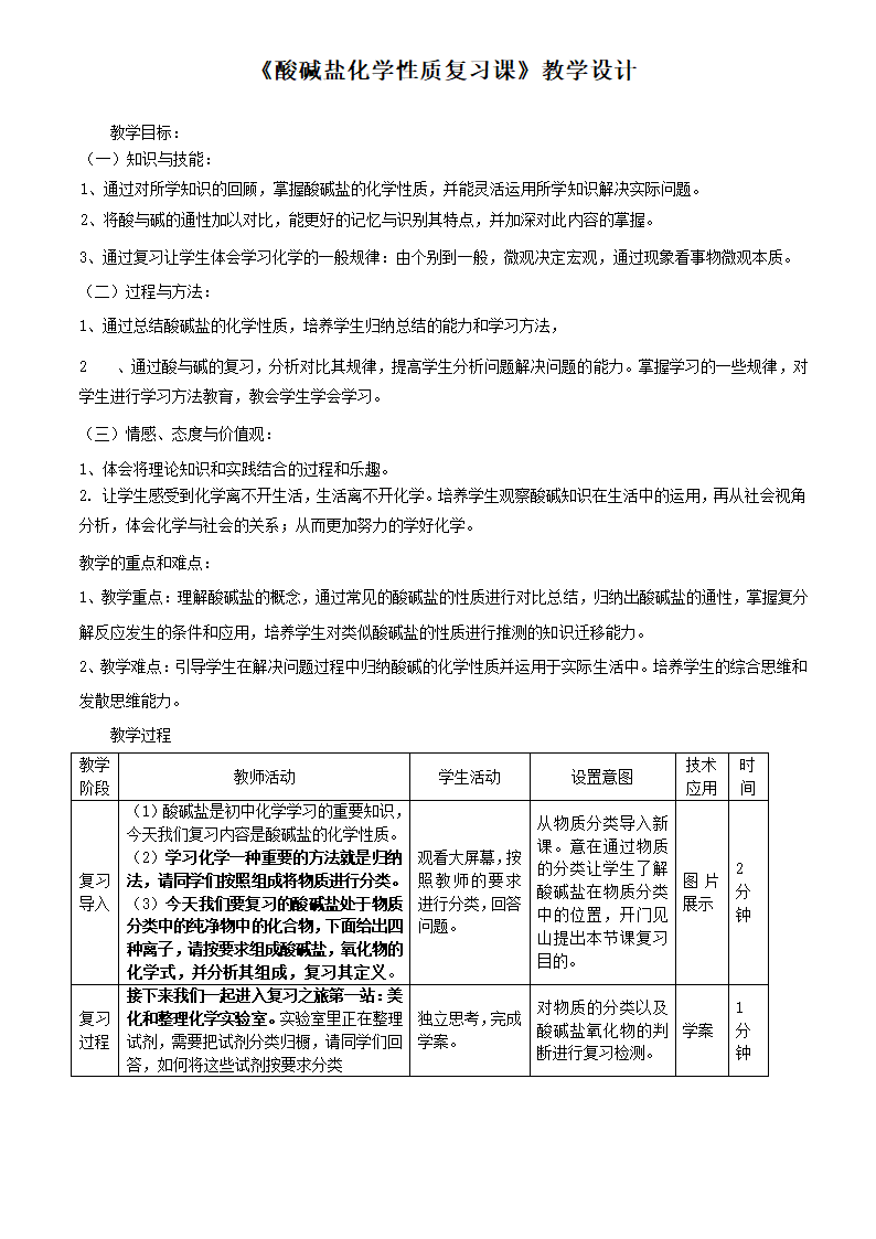 酸碱盐化学性质 复习课 教学设计 2021年中考化学总复习.doc