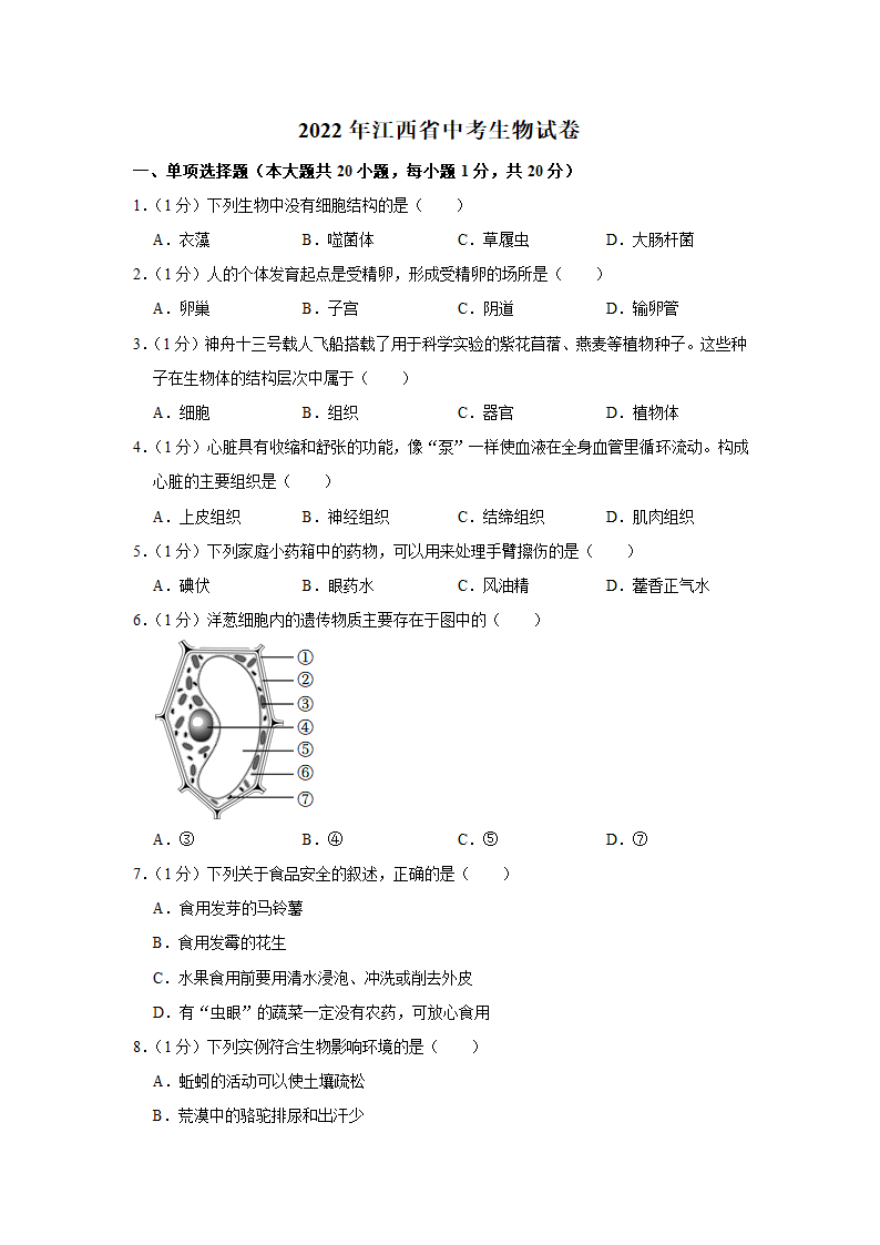 2022年江西省中考生物试卷（word版，含答案）.doc第1页