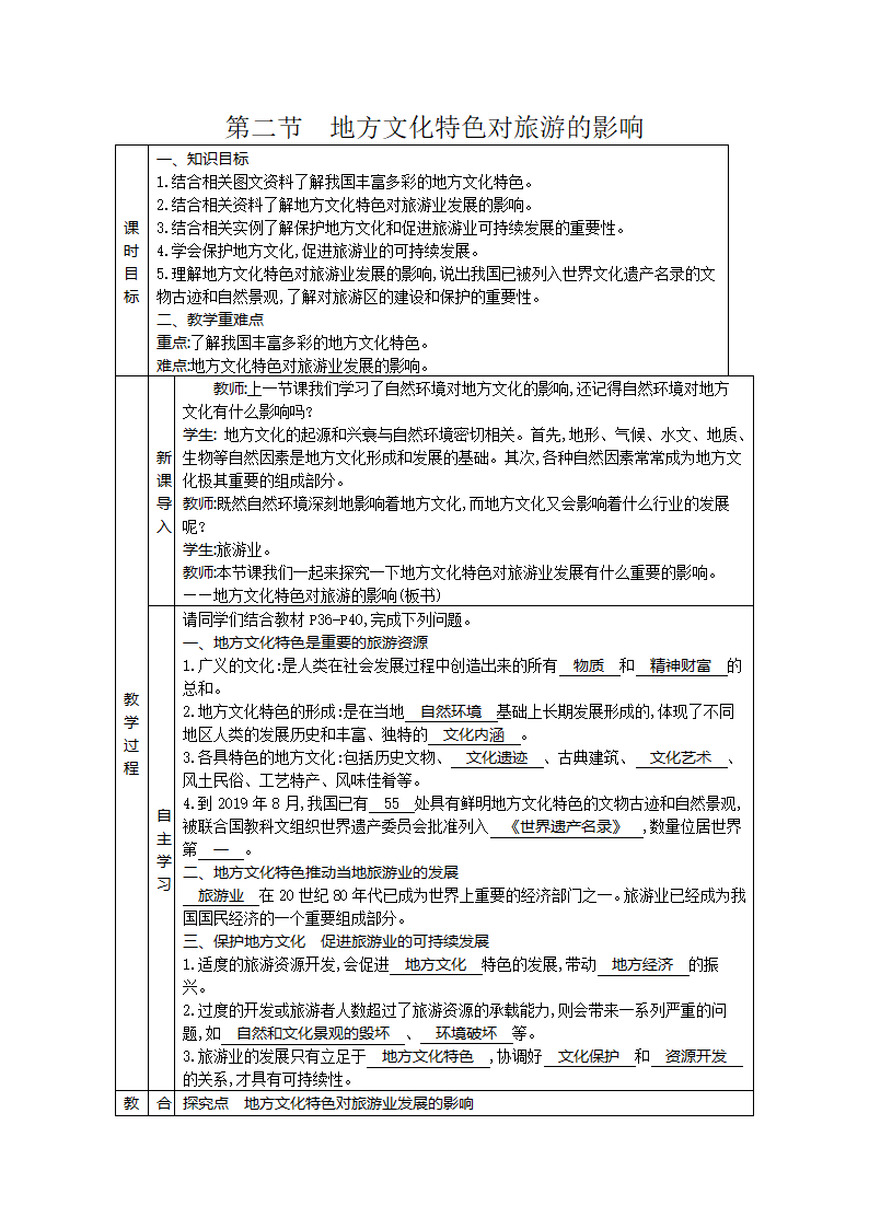 5.2地方文化特色对旅游的影响 教案（表格式）2023-2024学年度中图版地理七年级下册.doc第1页