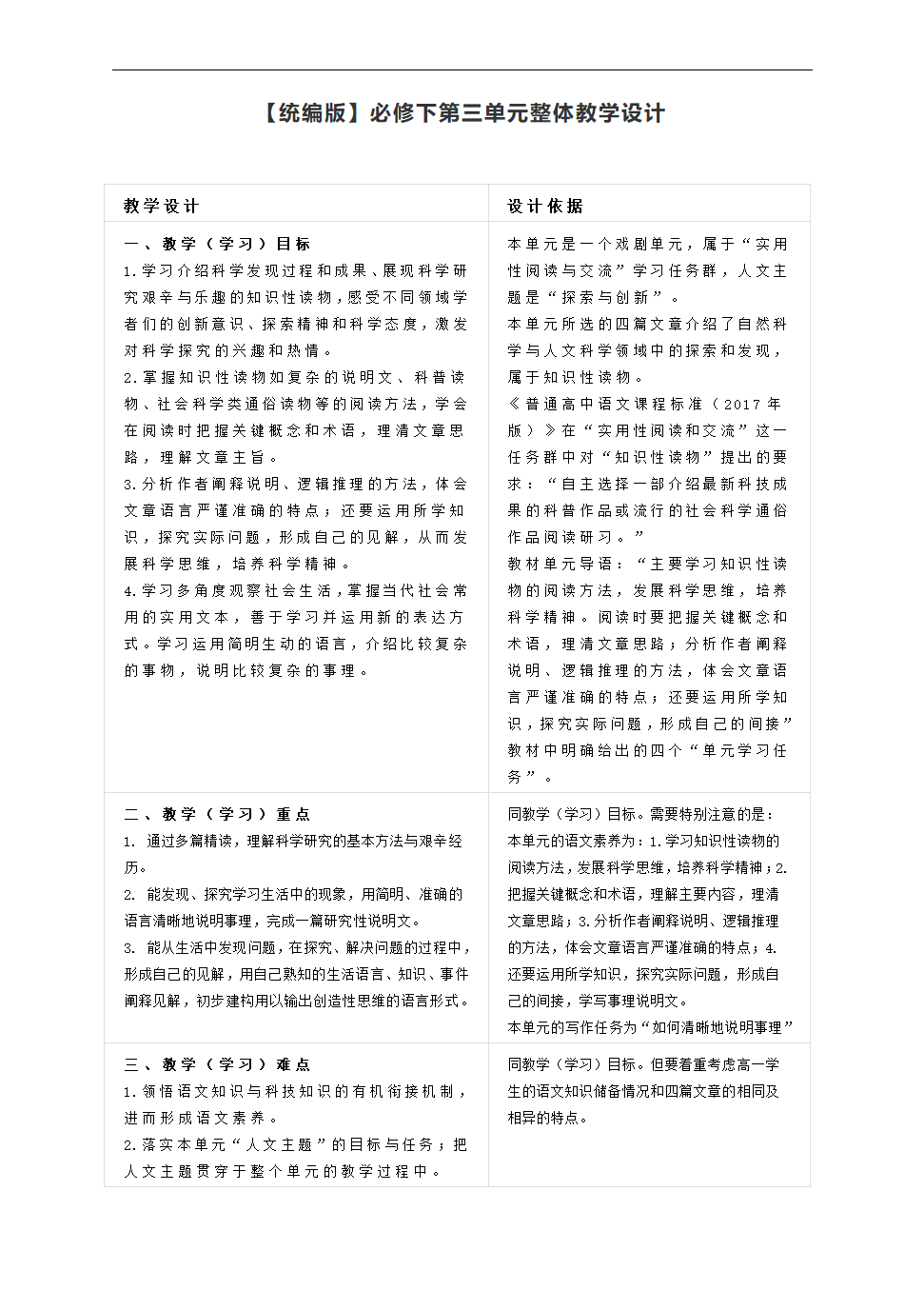 2020-2021学年高中语文统编版必修下册第三单元整体教学设计.doc第1页