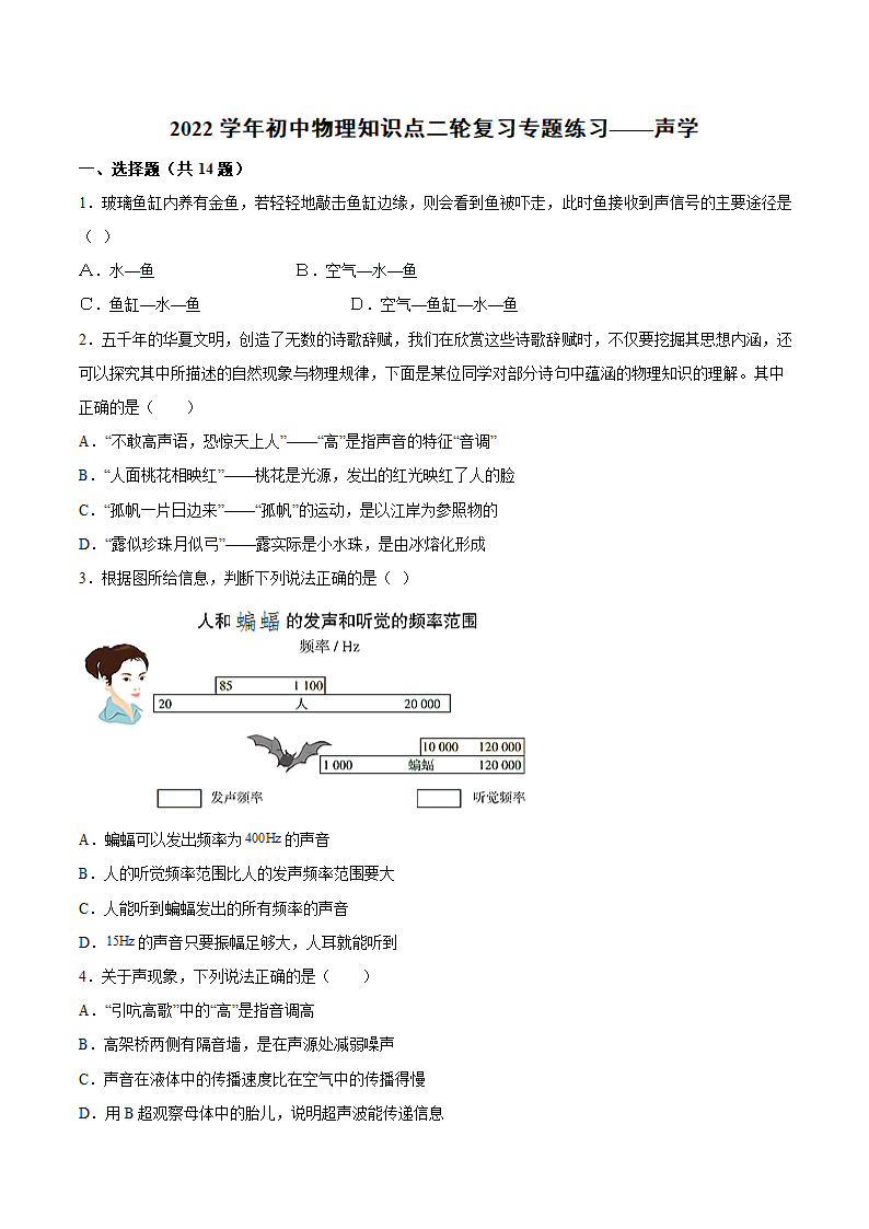 2022年中考物理知识点二轮复习专题练习——声学（有解析）.doc