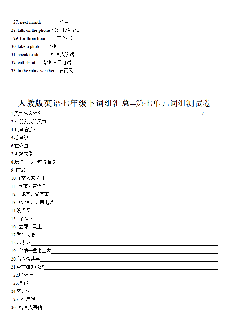 2021-2022学年人教版英语七年级下册Unit1-12单元词组汇总.doc第14页