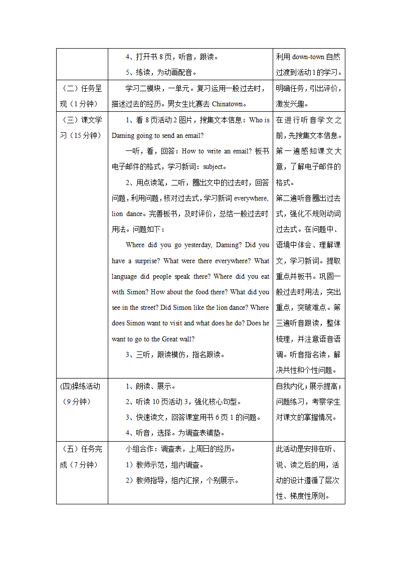 外研版英语（一年级起点）六年级上册 Module 2表格式教学设计.doc第3页