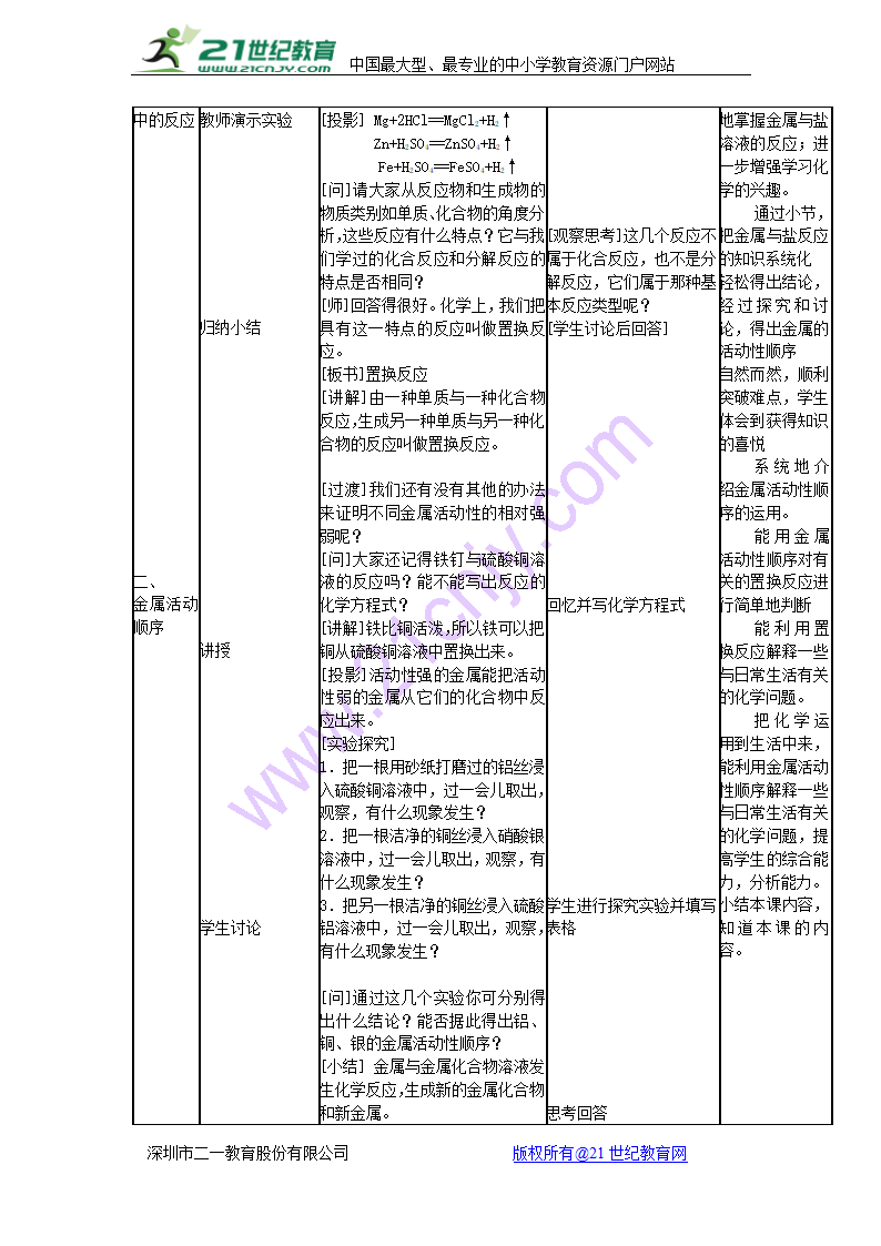 人教版化学九年级下册8.2金属的化学性质 教学设计.doc第4页