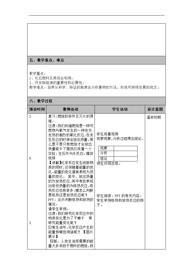 第七单元课题2燃料的合理利用与开发 课时1化学反应中的能量变化  燃料教案  九年级化学人教版上册（表格式）.doc第2页