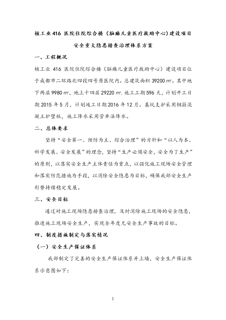 医院住院综合楼脑瘫儿童医疗救助中心建设项目安全重大隐患排查治理体系方案.docx第1页