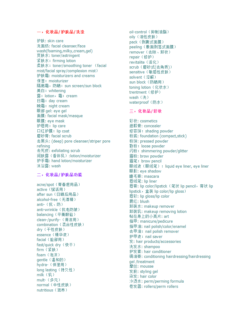 化妆品单词第1页
