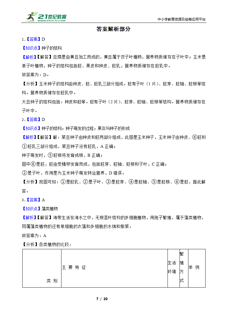 人教版生物七年级上册期末模拟试卷（二）（含解析）.doc第7页