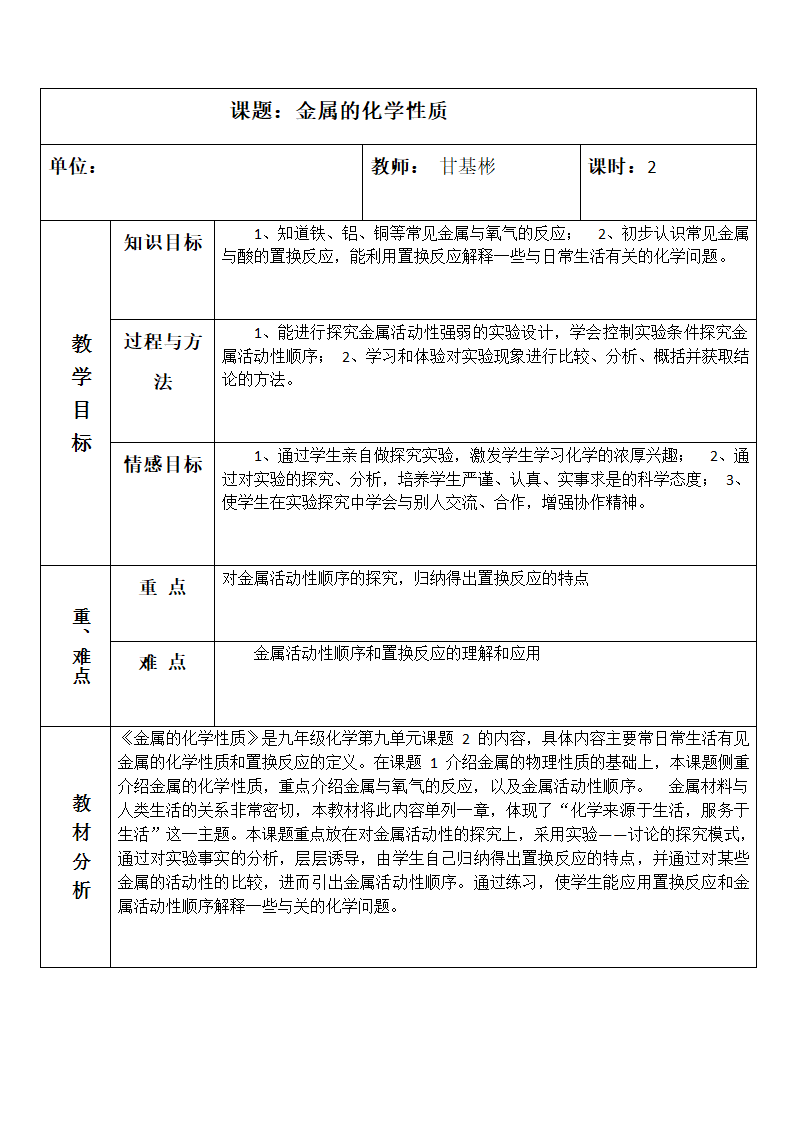 鲁教版九年级化学下册第九单元第二节 金属的化学性质 教案.doc第1页