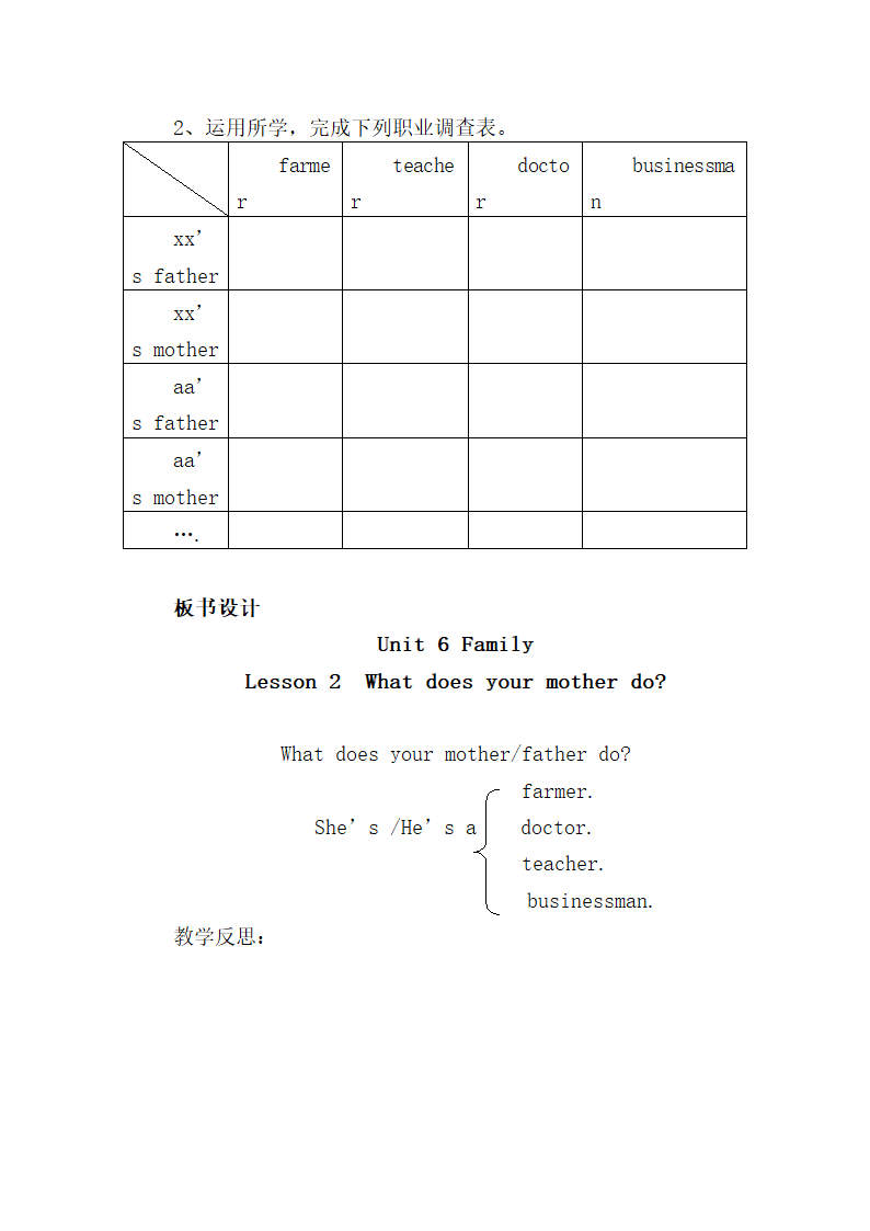 英语四年级上鲁科版Unit 6 Family   Lesson2   What does your mother do教案.doc第5页