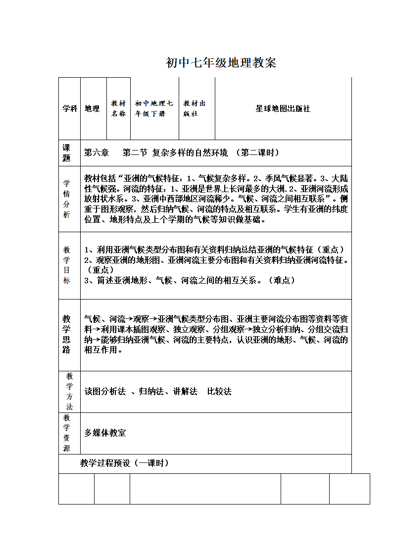 商务星球版初中地理七年级下册6.2 复杂多样的自然环境 教案 （表格式）.doc