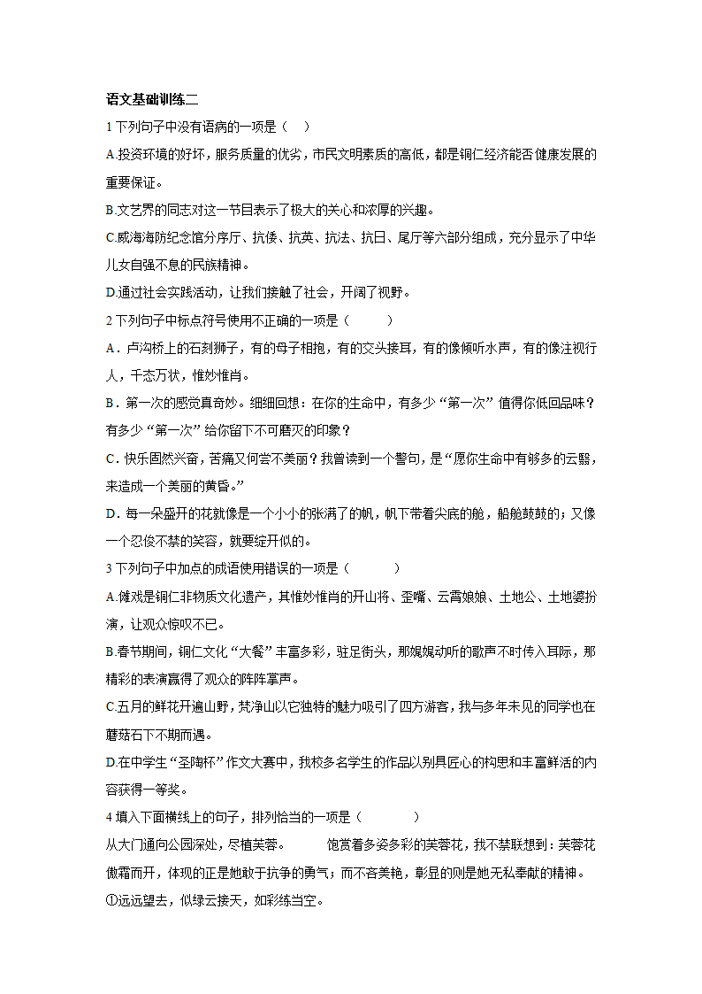 2022年中考语文基础训练20套（病句标点成语排序）无答案.doc第2页