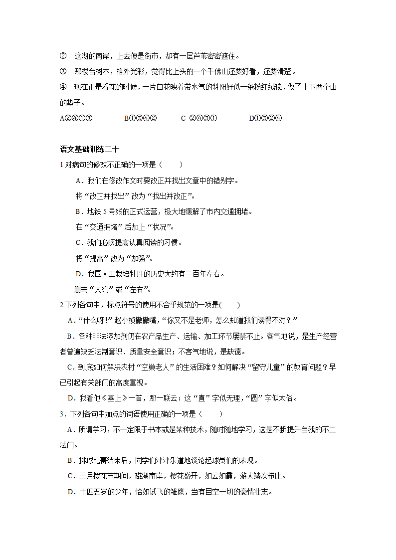 2022年中考语文基础训练20套（病句标点成语排序）无答案.doc第20页