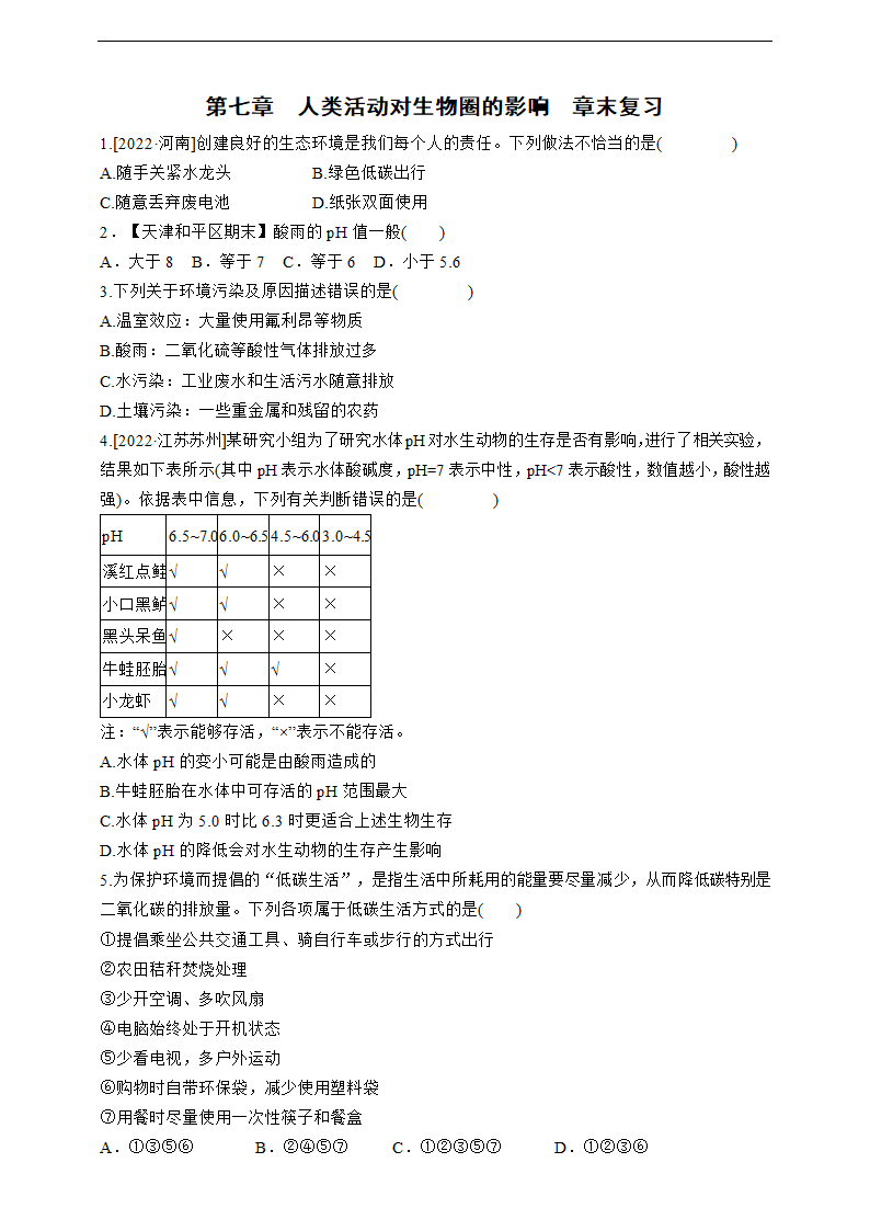 第七章　人类活动对生物圈的影响  章末复习（含答案）.doc第1页