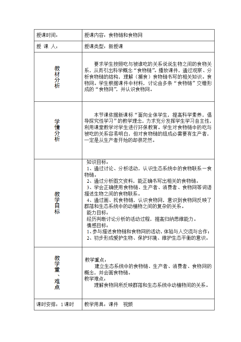 冀少版八下生物 7.2.2食物链和食物网  教案 （表格式）.doc第1页