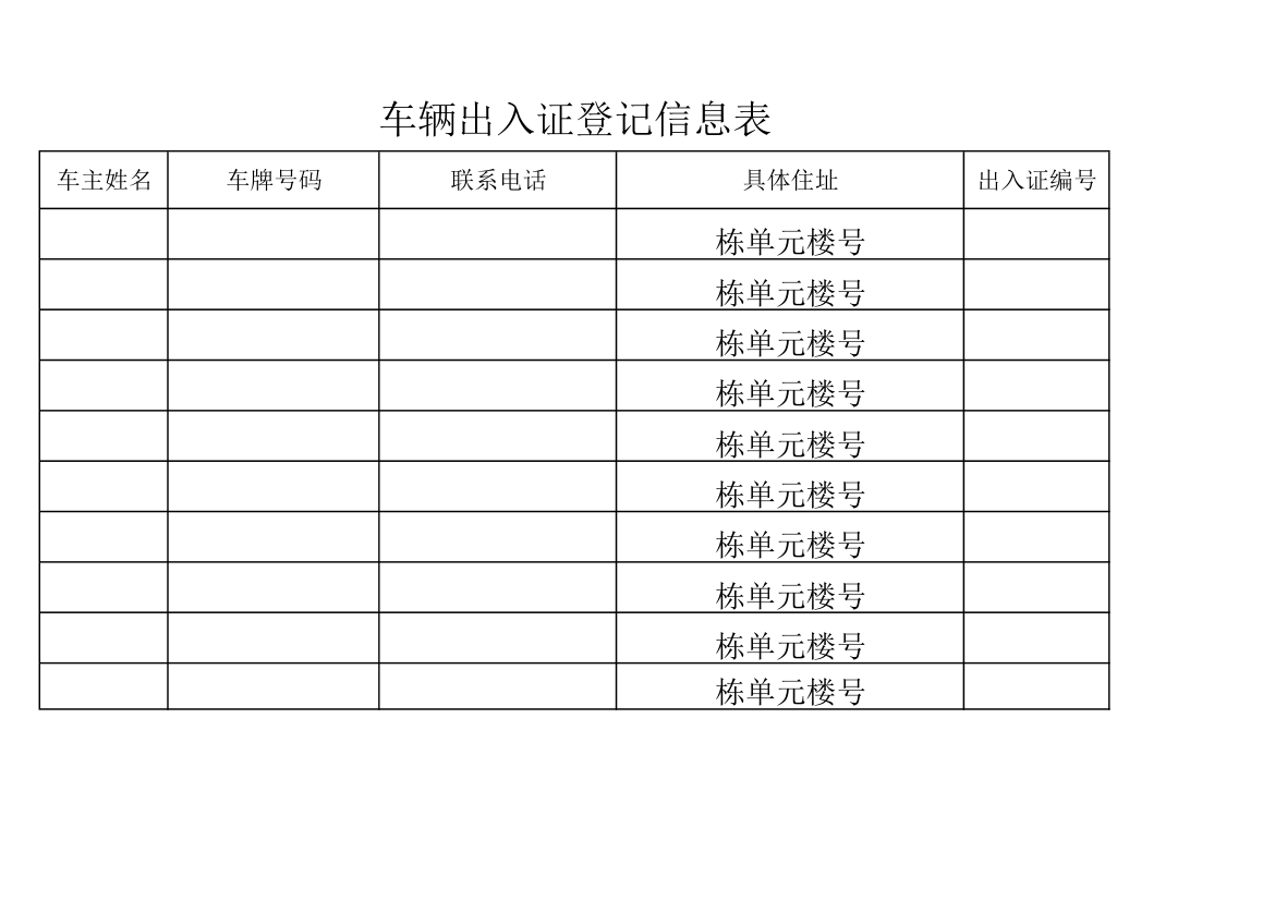 车辆出入证登记信息表