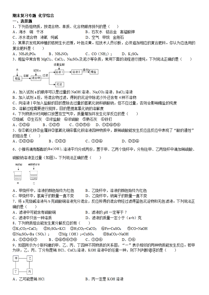 浙教版科学九年级上册期末复习专题：化学综合（含答案）.doc第1页