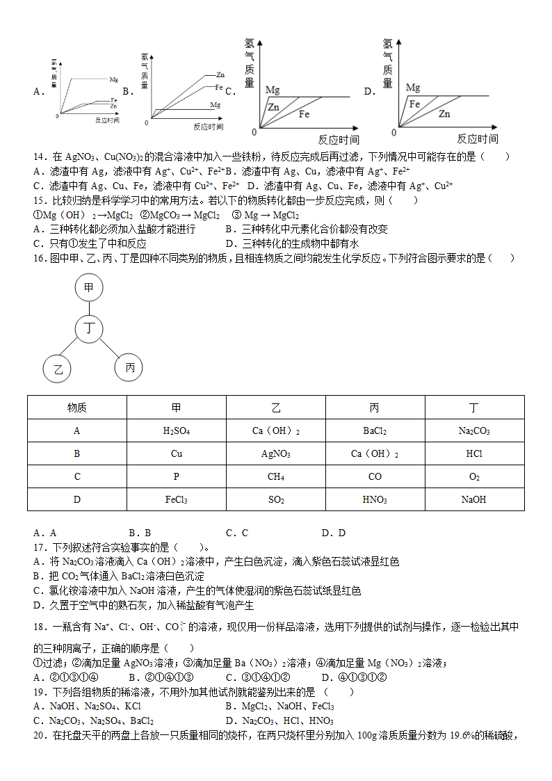 浙教版科学九年级上册期末复习专题：化学综合（含答案）.doc第3页