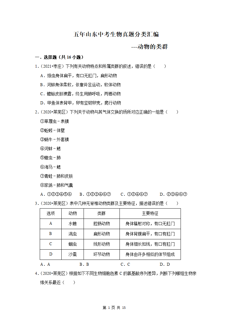 五年山东中考生物真题分类汇编---动物的类群（含解析）.doc第1页