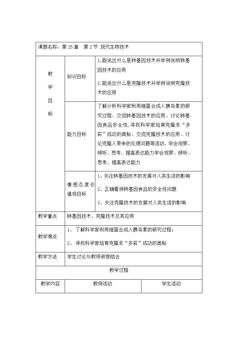 北师大版八年级生物下册9．25．2现代生物技术 教案.doc第1页