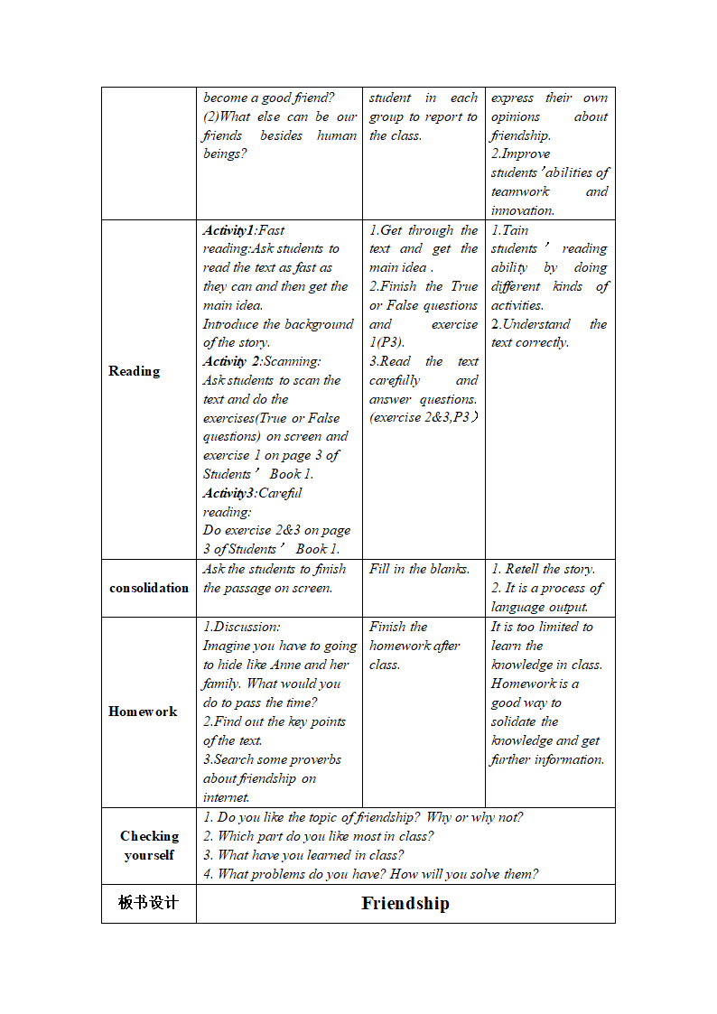 高中英语人教版必修一Unit 1 Friendship Reading教案（表格式）.doc第3页