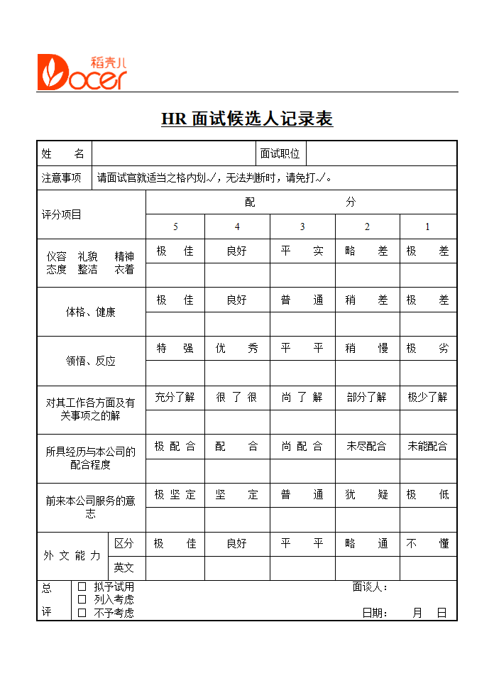 HR面试候选人记录表招聘面试流程管理.doc第1页