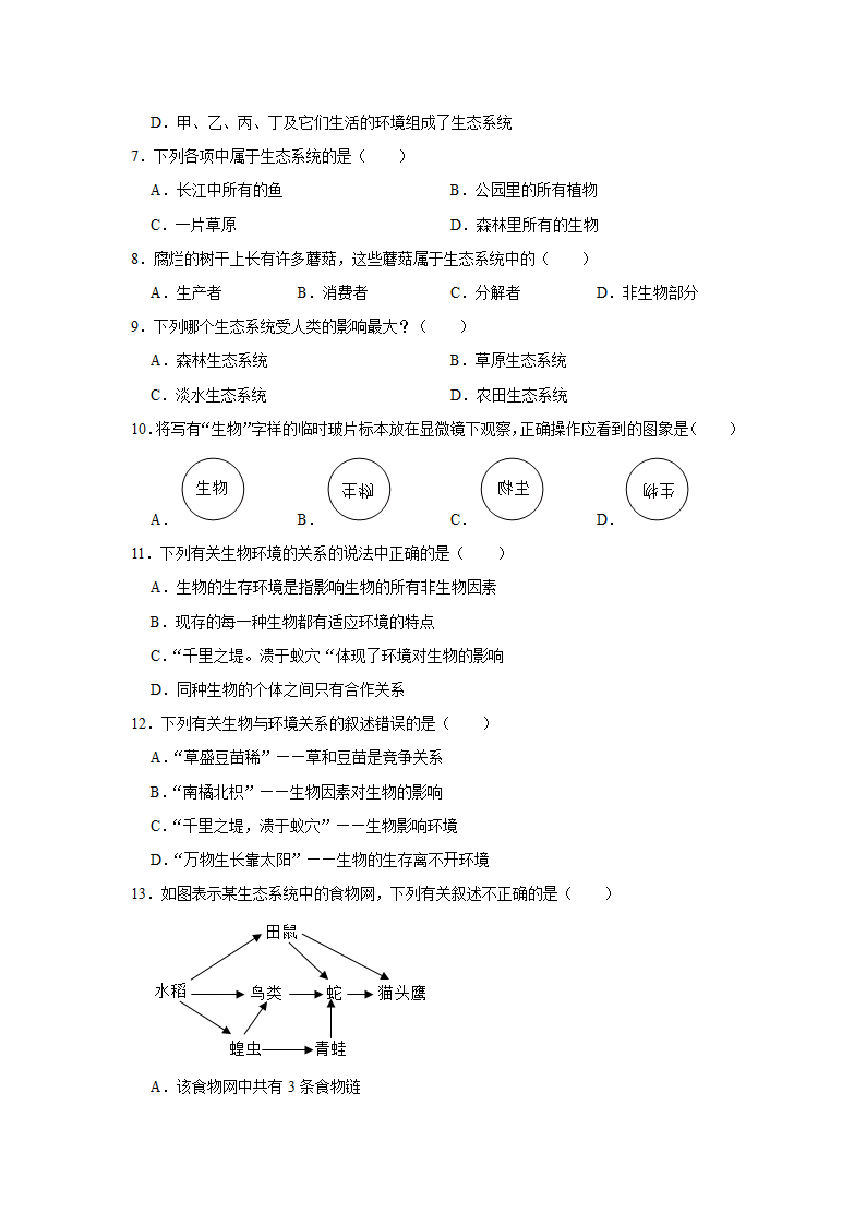 人教版生物七年级上册期中复习卷(word版  含答案）.doc第2页