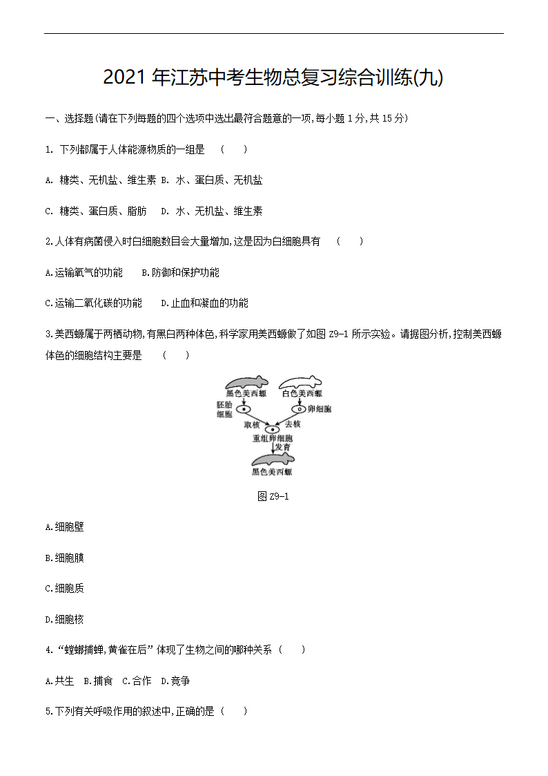 2021年江苏中考生物总复习综合训练(九) （word版 含答案）.doc第1页