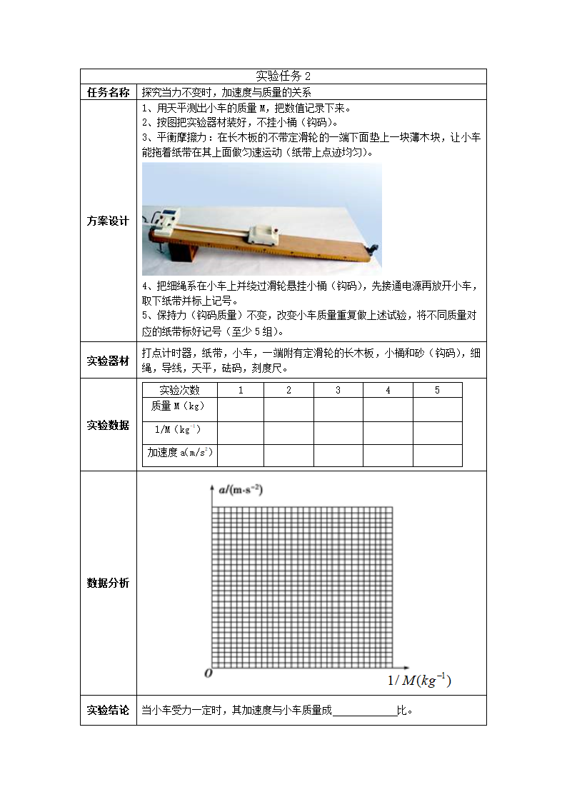 探究加速度与力质量的关系实验学生实验任务表第2页