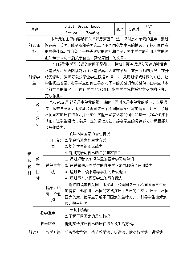 牛津译林版英语七年级下册Unit 1 Dream Homes  Reading2表格式教案.doc第1页