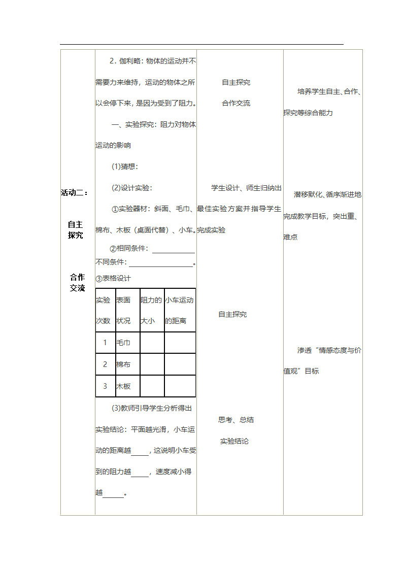 教科版物理八年级下册 8.1 牛顿第一定律  惯性（教案）（表格式）.doc第2页