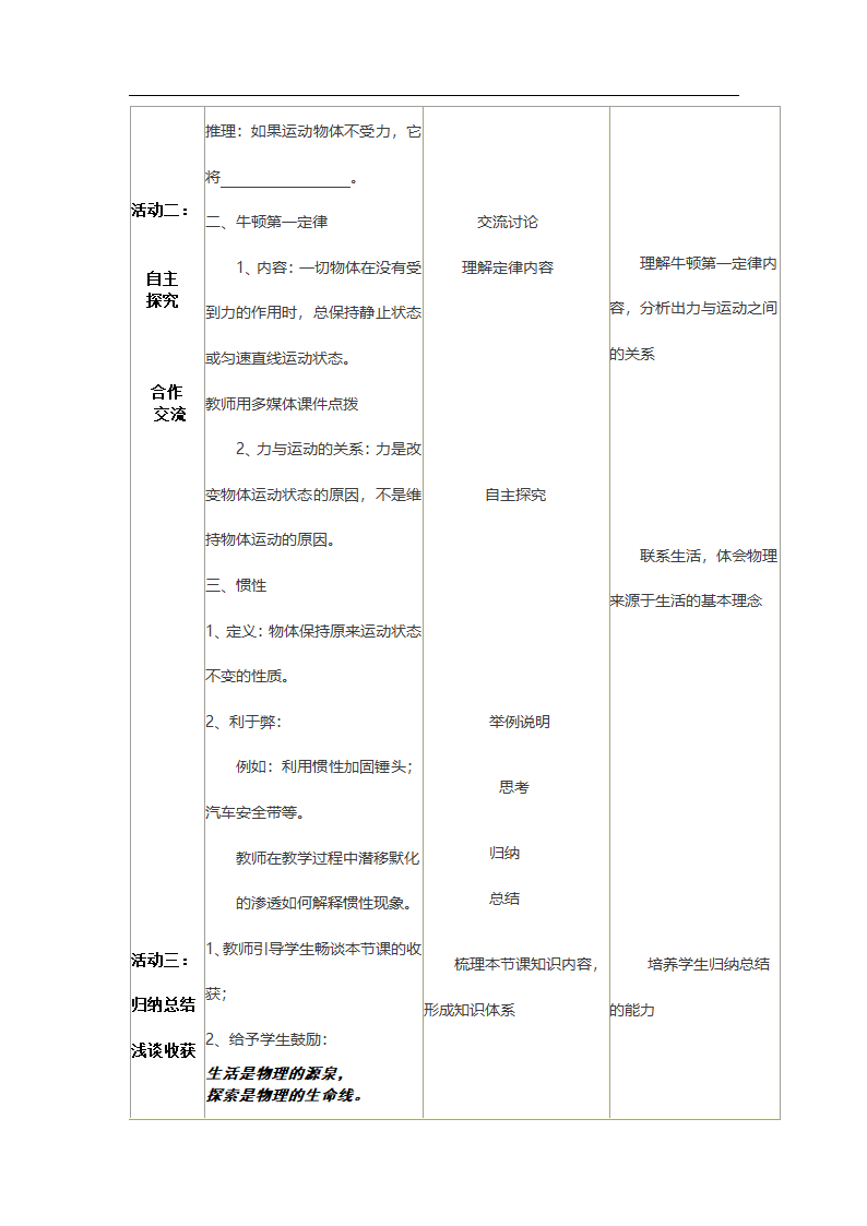 教科版物理八年级下册 8.1 牛顿第一定律  惯性（教案）（表格式）.doc第3页