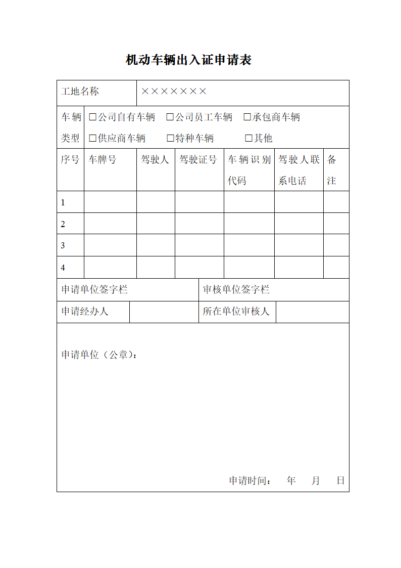 机动车辆出入证申请表