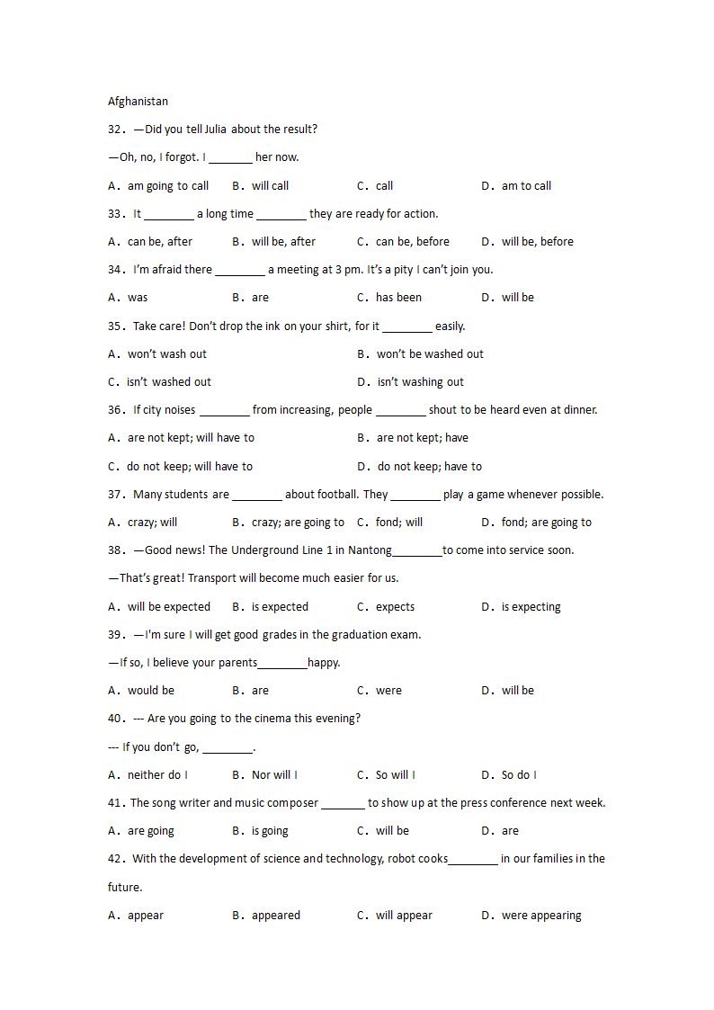 高考英语一般将来时专项训练（单选60题有答案）.doc第4页